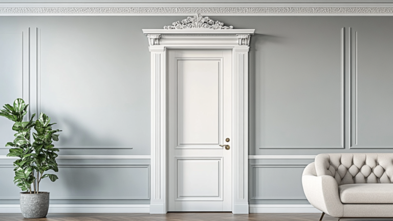 A classic crown molded interior door with white ornate frame in stylish living space.