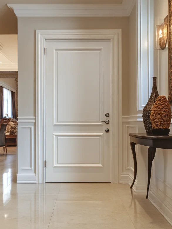 A classic raised panel interior door with white molding in a luxury hallway.