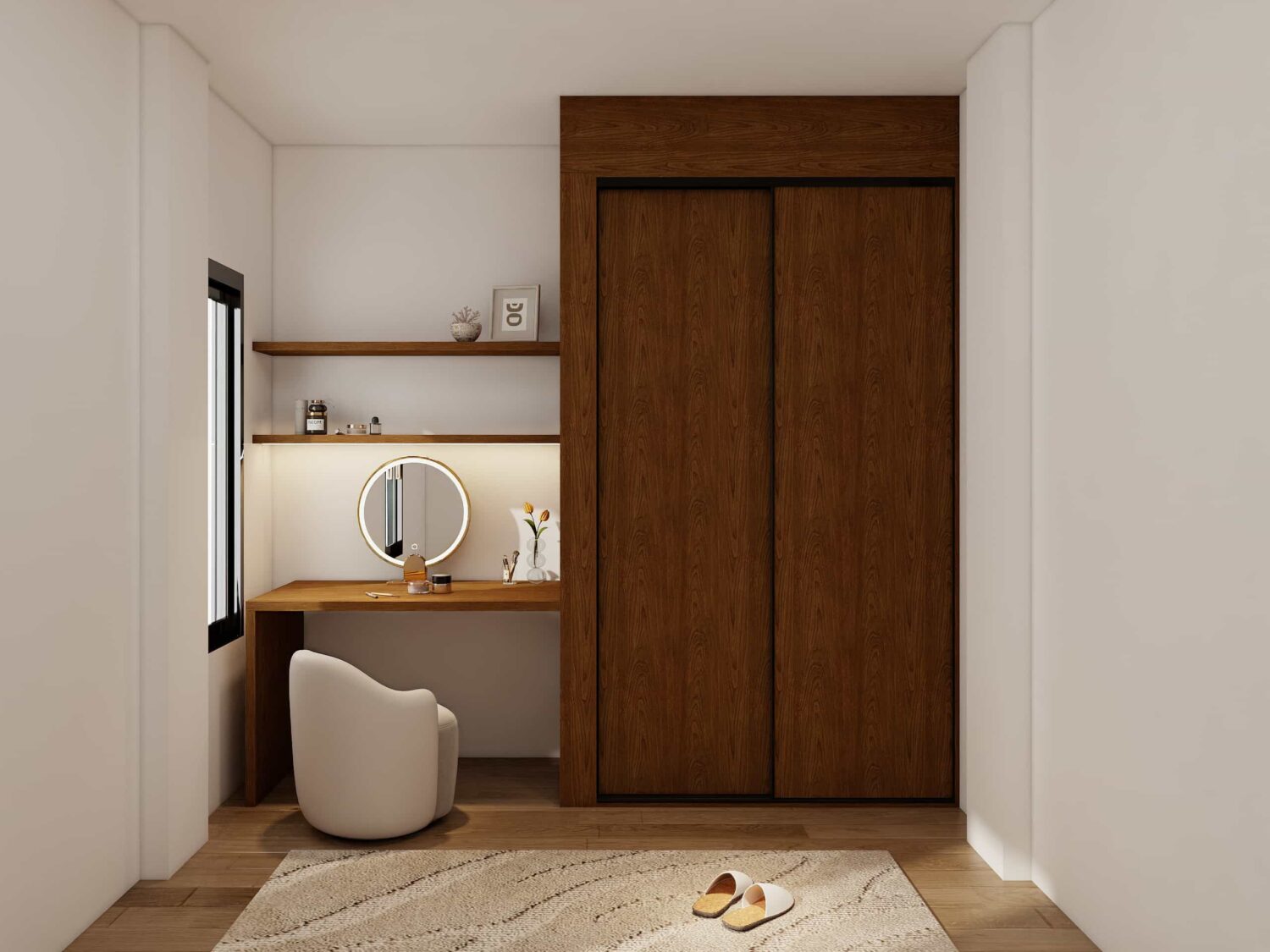 Traditional wooden double closet doors with warm oak finish in a cozy bedroom.
