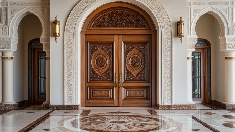 Ornate carved wooden double doors showcasing luxury interior door styles for villas in interior doors dubai market.