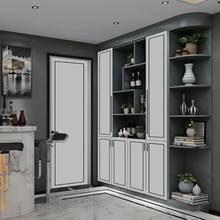 Classic wooden interior door in white finish with detailed frame design in modern home.