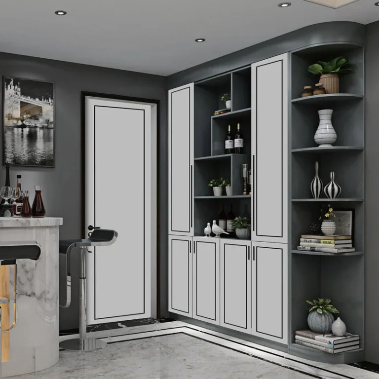 Classic wooden interior door in white finish with detailed frame design in modern home.