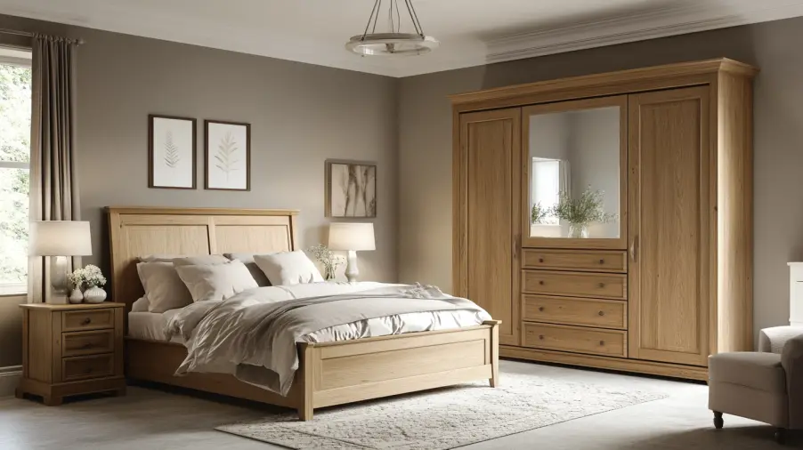 A classic wooden wardrobe with a mirror in a neutral-toned bedroom.