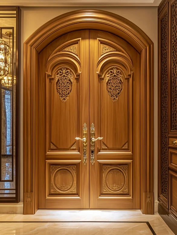 A white carved floral molded interior door with decorative crown molding.