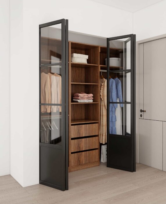 Bespoke double closet doors with customized wood and glass panels tailored to bedroom.
