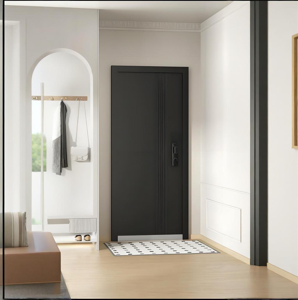 Custom interior door with black finish inside a stylish modern entryway with bright décor.