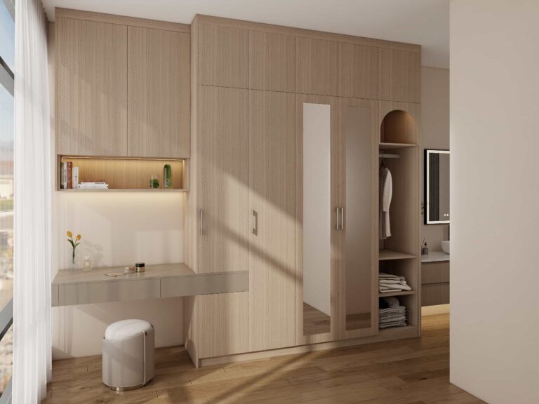 Modern custom wardrobe with mirror doors, open shelves, built-in desk, and light wood finish.