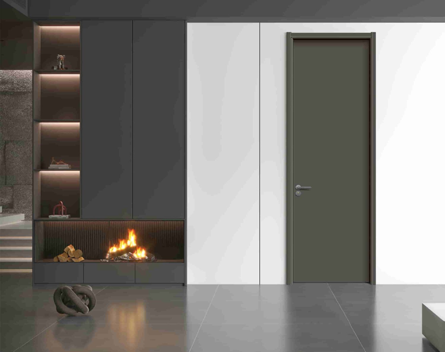 Dark custom interior door beside a modern fireplace inside a stylish contemporary living room.