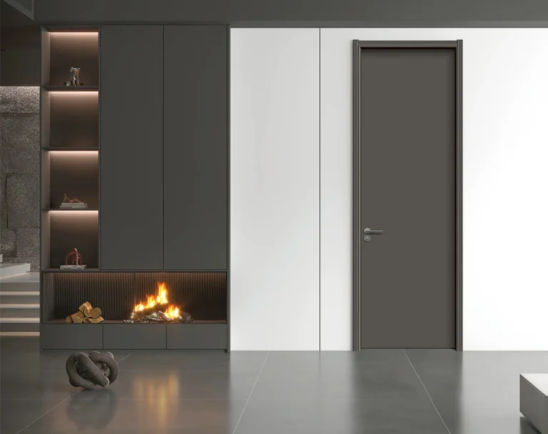 Dark modern interior door next to built-in fireplace showing standard interior door dimensions.