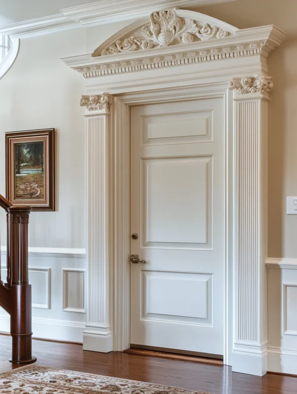 A white decorative crown interior door with ornate molding details.