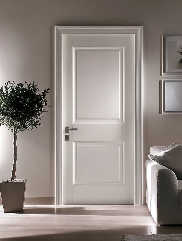 A white deep grooved molded interior door with modern frame detail.