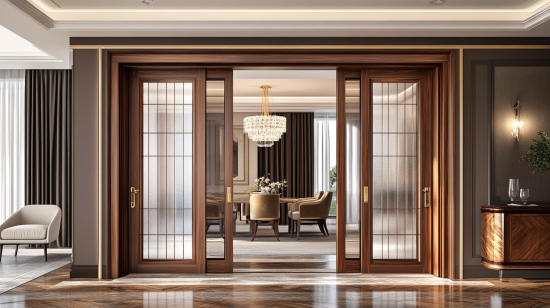 Customized double interior door styles with wooden frames in luxury dining spaces in interior doors dubai homes.
