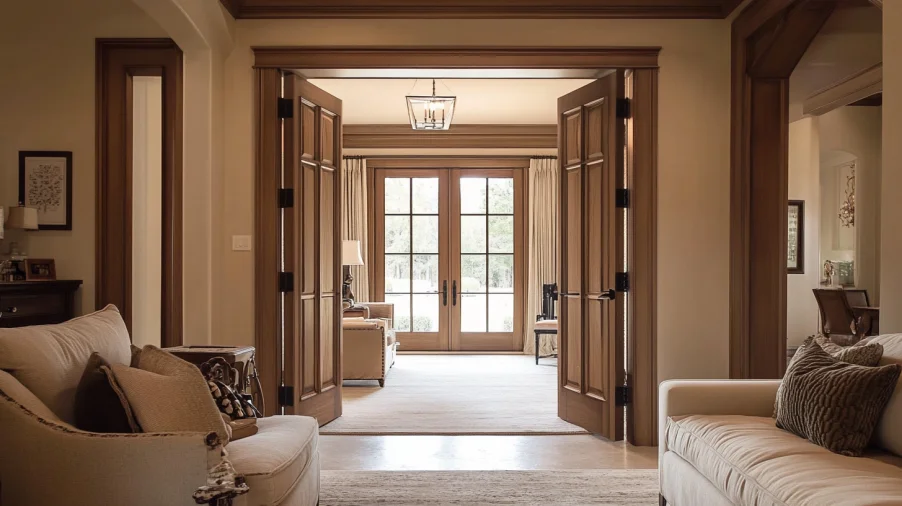 Elegant double interior door styles with glass panels and wood frame, creating an open space in a living room