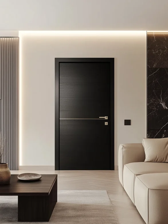 A bold black interior door in a modern living room, surrounded by neutral tones and minimalist decor.