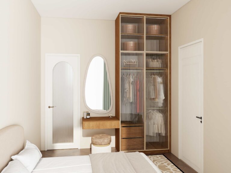 Double closet doors with frosted glass panels creating light and modern closet design.