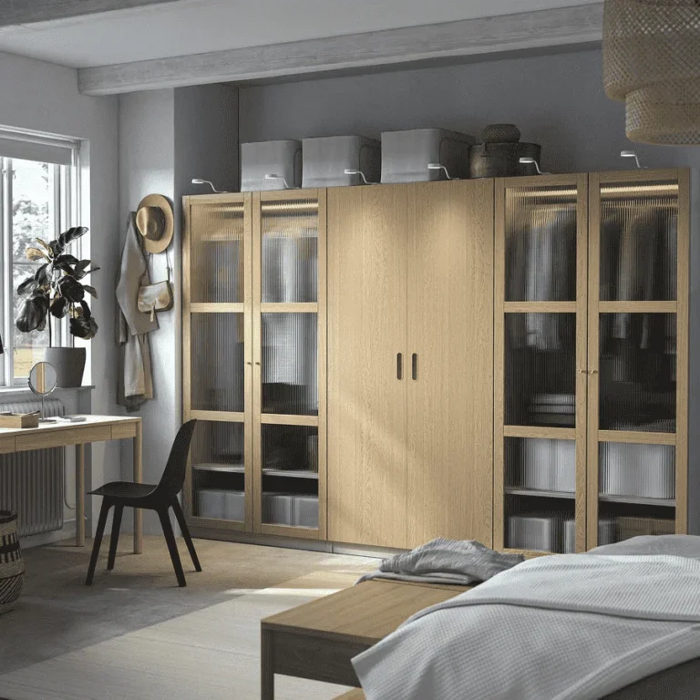 IKEA oak wardrobe with glass doors and open shelving, combining classic wood with modern transparency.