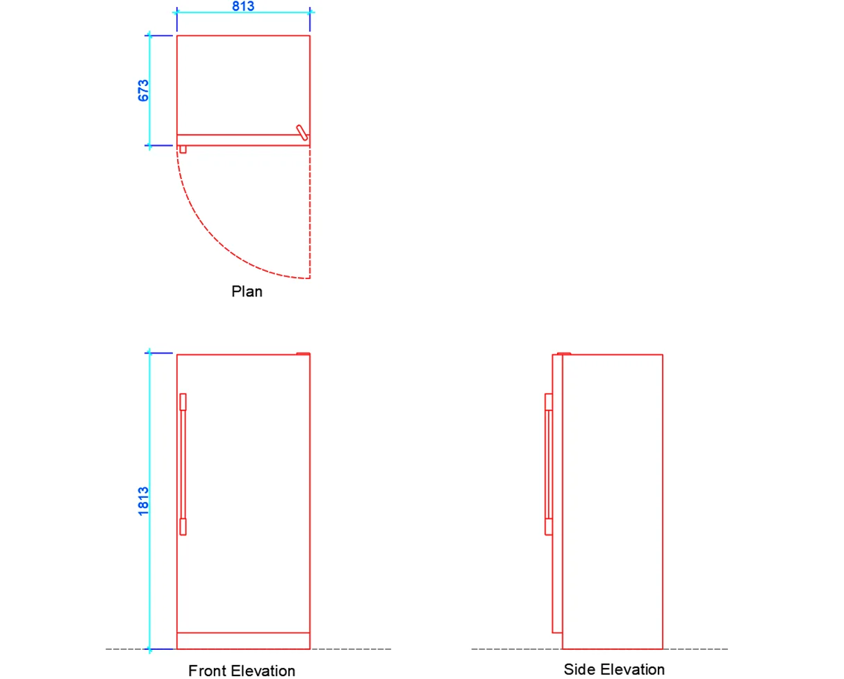Technical drawing showing standard interior door size with plan, front, and side elevation.