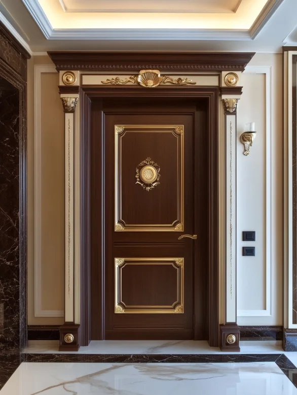 A brown luxury molded interior door with layered golden decorative molding.
