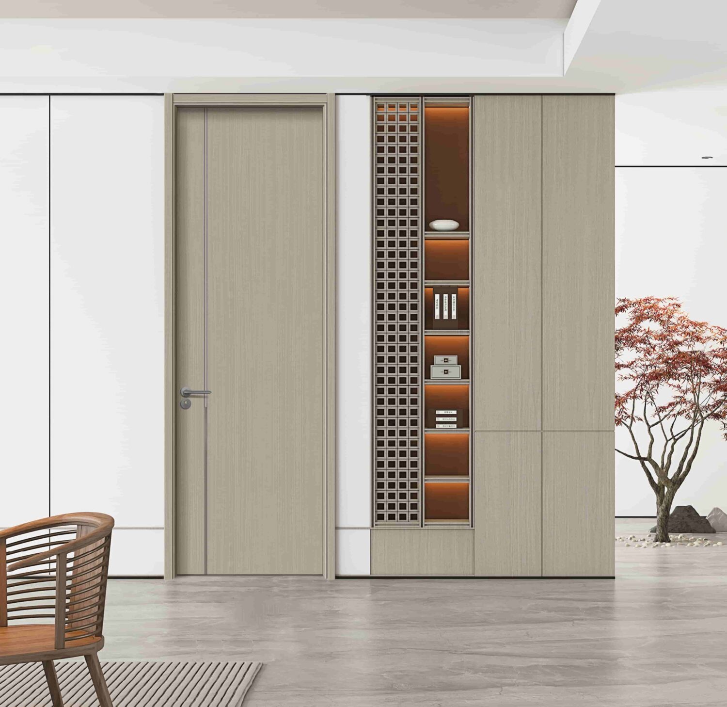 Light wood custom interior door inside a modern home with shelving and Japanese-style décor.