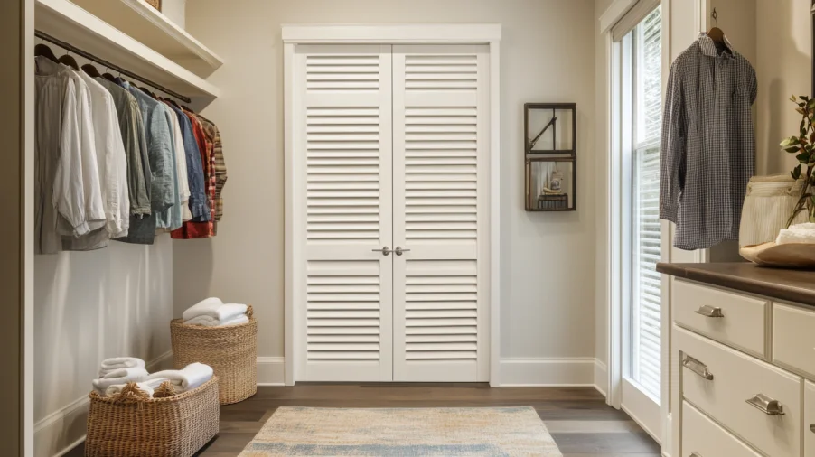 Louvered door interior style in white finish installed in a closet area