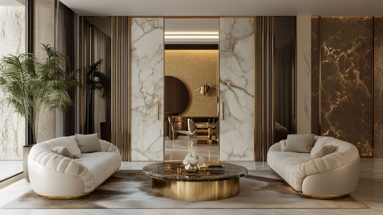 Marble-faced luxury interior door styles with metallic accents in premium interior doors dubai projects.