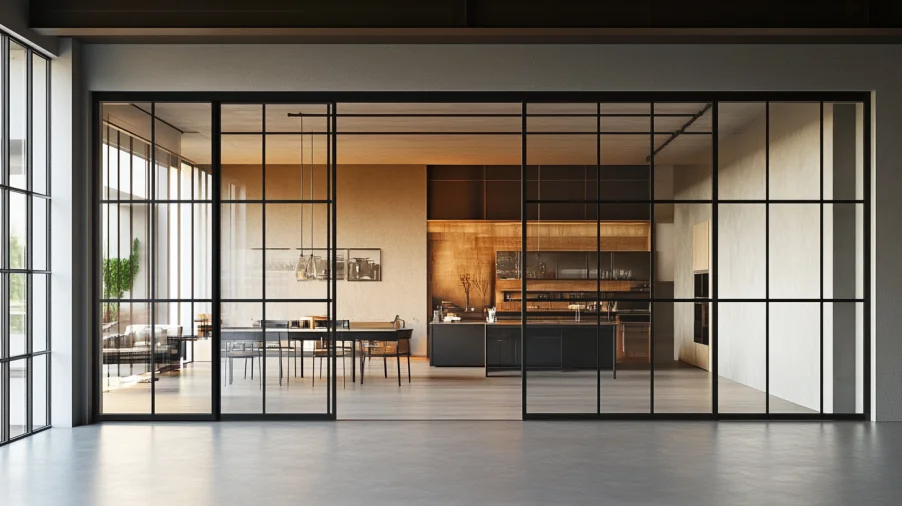 Black metal frame interior door style with glass panels for industrial home design