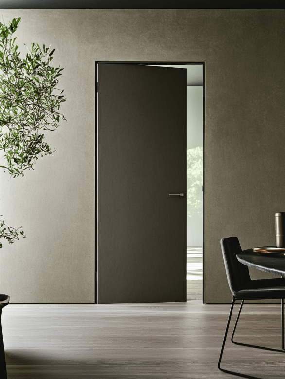 A sleek minimalist flat panel interior door with slim edge molding design.