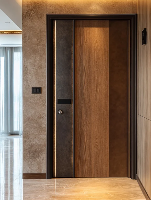 A mixed material interior door with wood and dark metal panel highlights.
