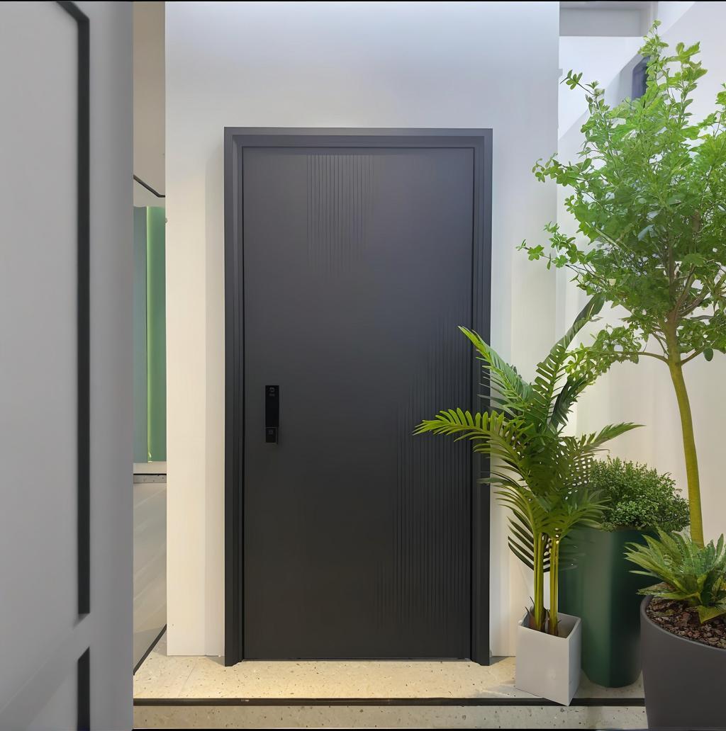 Modern black custom interior door in a bright hallway with plants adding fresh detail.