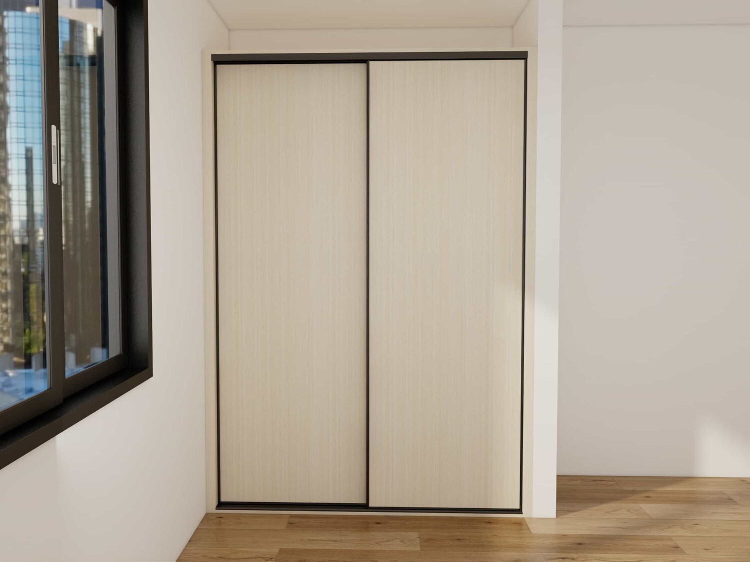 Double closet doors with clean lines and minimalist handles in a bright bedroom.
