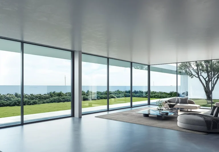 modern villa aluminum door with a minimalist style featuring a gray concrete floor and walls