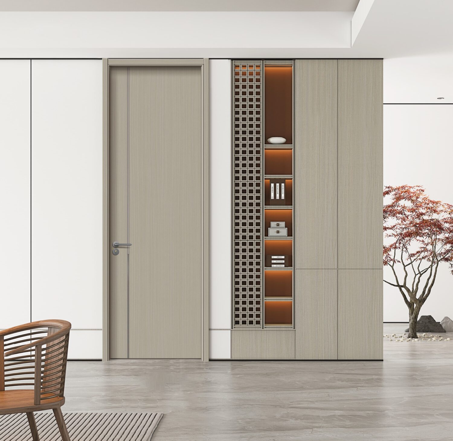 Modern wood interior door installed in living room wall unit highlighting standard interior door size.
