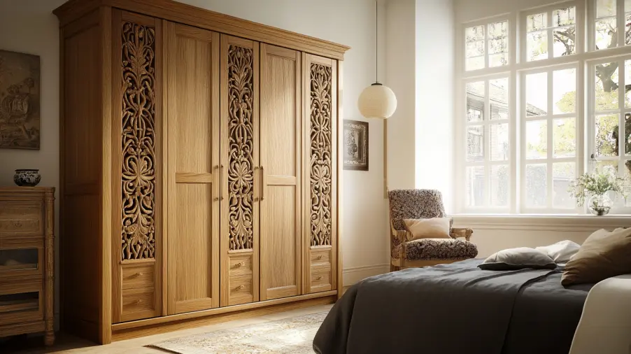 A beautifully carved wooden wardrobe in a bedroom, illuminated by natural light streaming through the window.