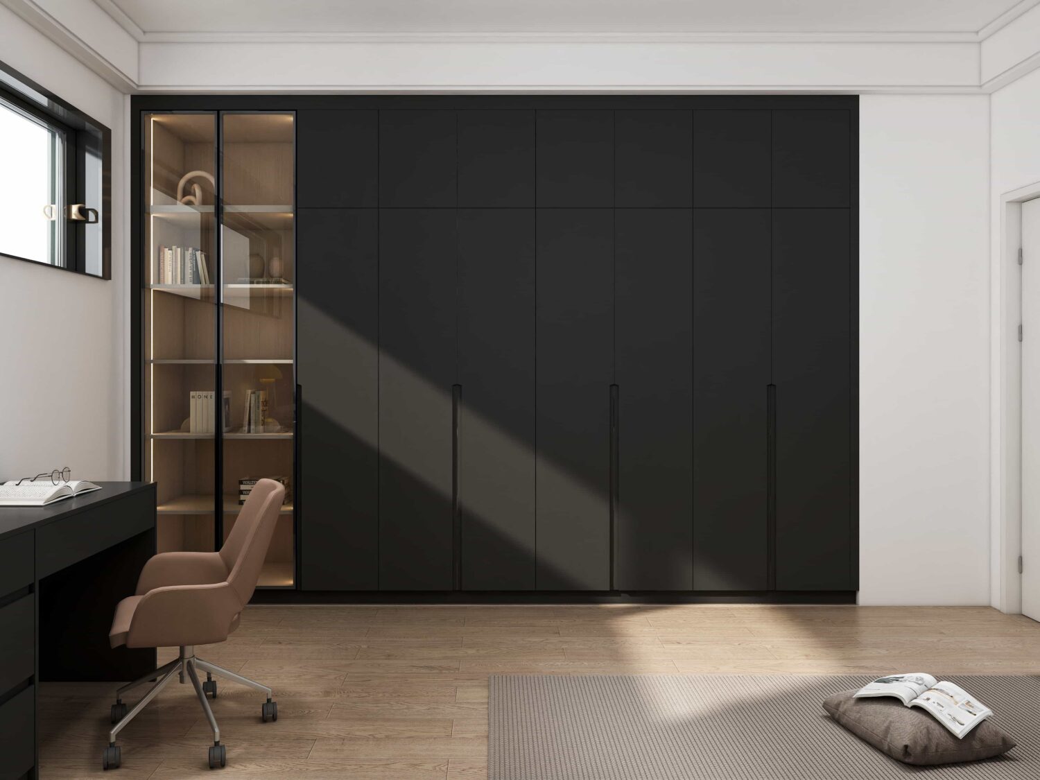 PA Home custom modern wardrobe with integrated lighting and wooden shelving, creating a contemporary bedroom look.