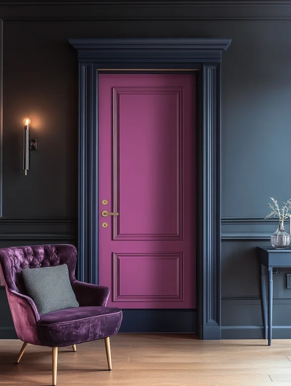 A purple painted contrast interior door with bold navy molding frame.