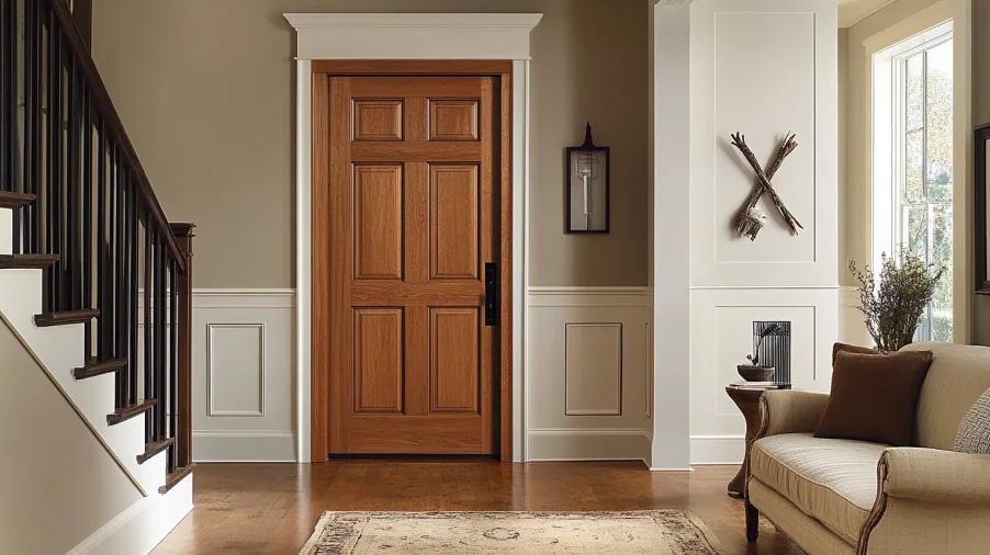 Classic panel door interior style in warm wood finish inside modern entryway