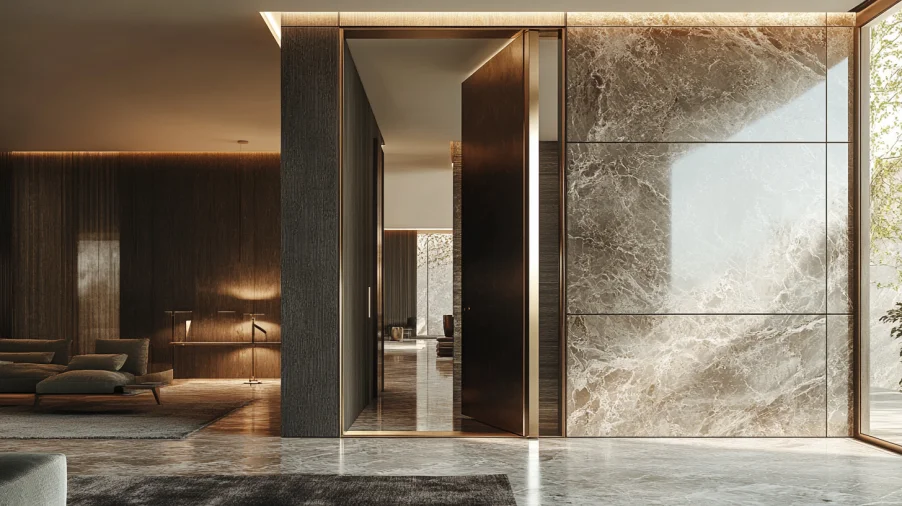 Oversized pivot interior door styles featuring marble accents in luxury interior doors dubai residences.