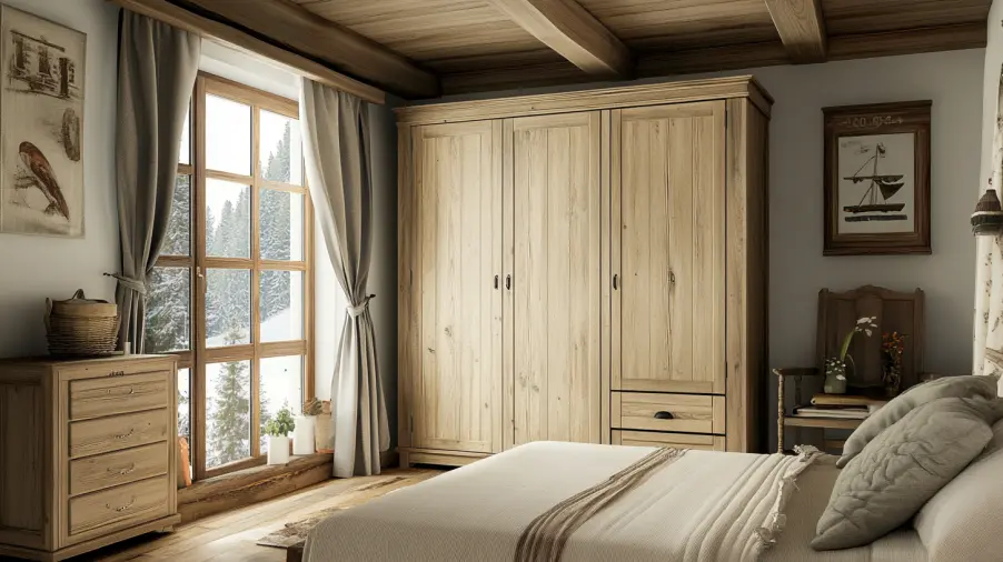 A Scandinavian-style wooden wardrobe with sliding doors in a modern bedroom with minimalist decor.