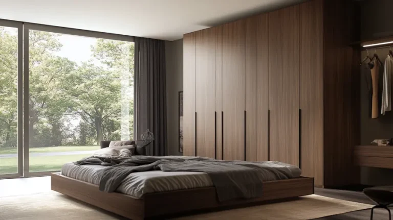 A modern walnut wood wardrobe in a minimalist bedroom with large windows and natural views.