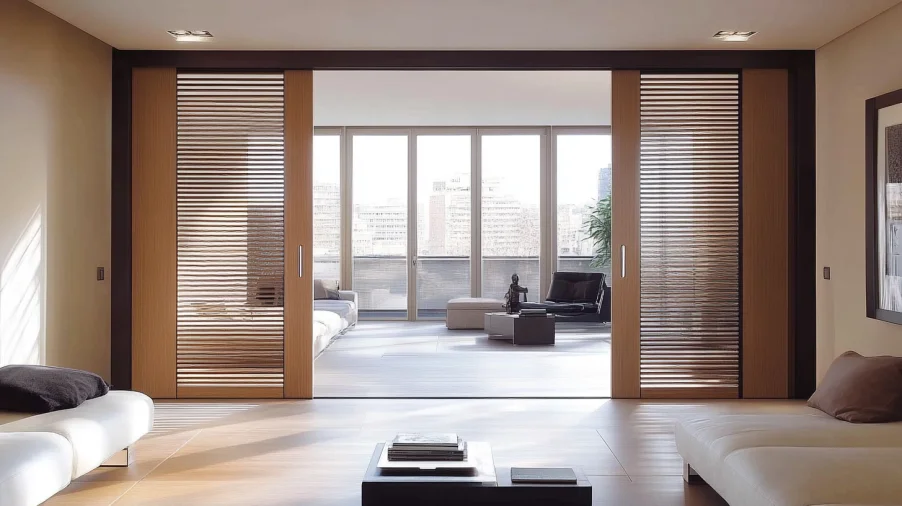Wooden sliding door interior style with slatted design for contemporary apartment