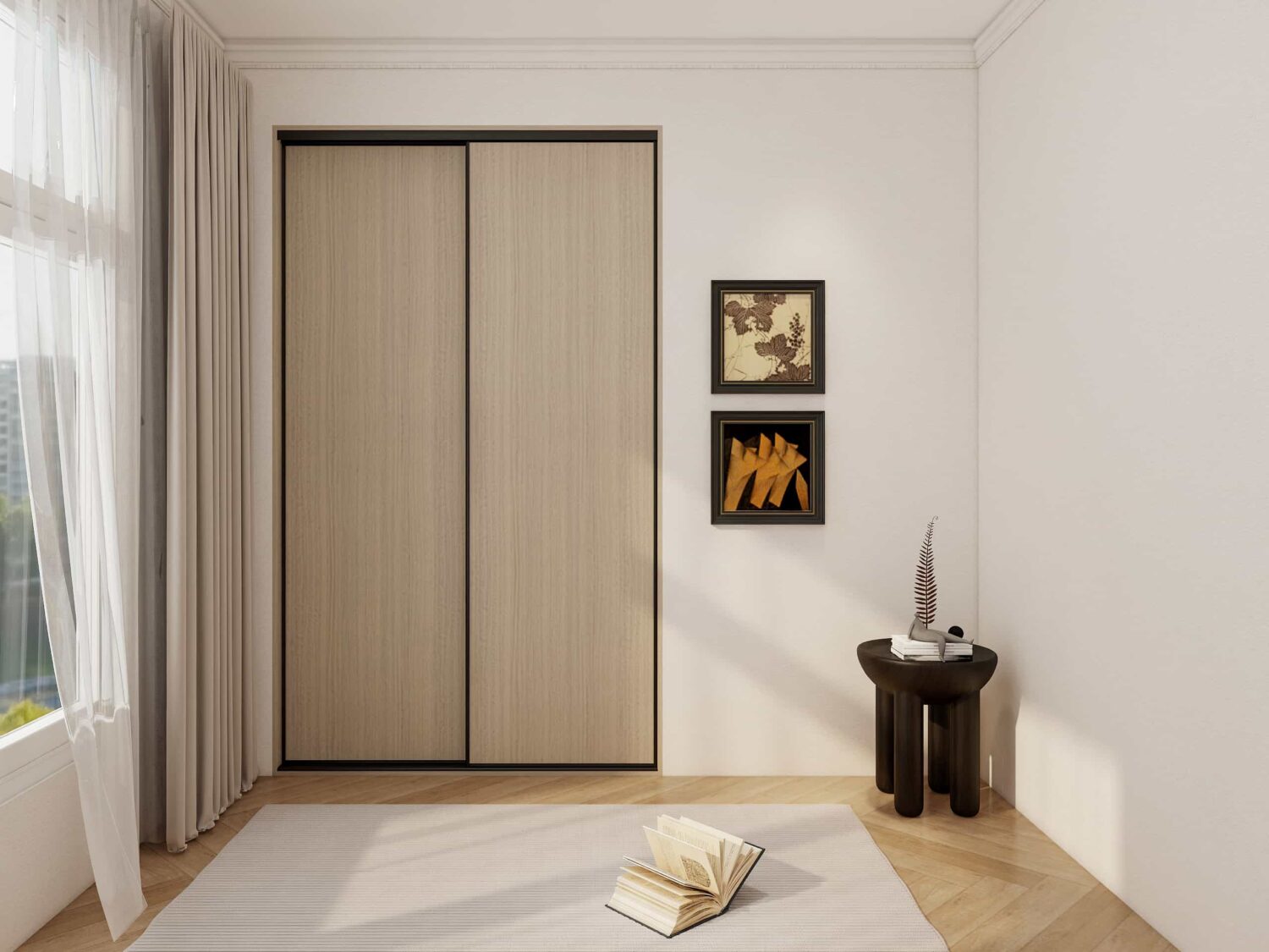 Modern sliding double closet doors saving space in a small bedroom layout.