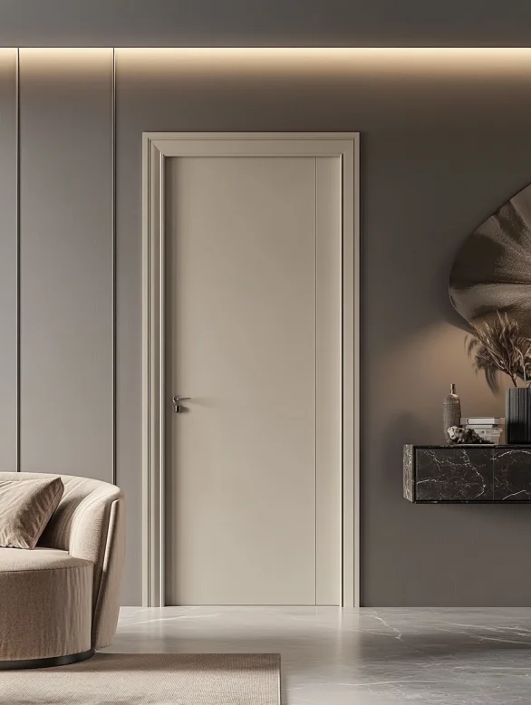 A beige slim edge modern interior door blending with wall paneling.