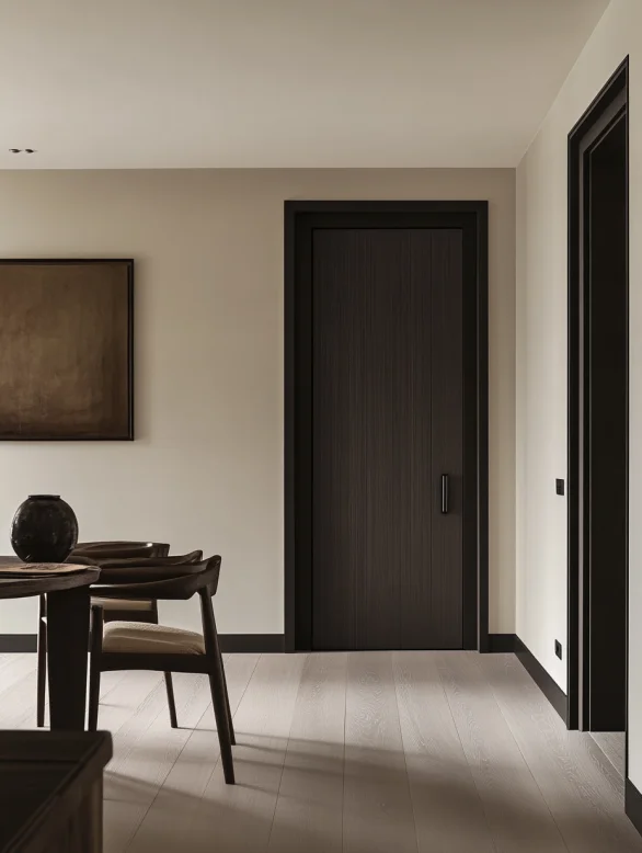 A dark slim vertical strips interior door with modern minimalist frame.