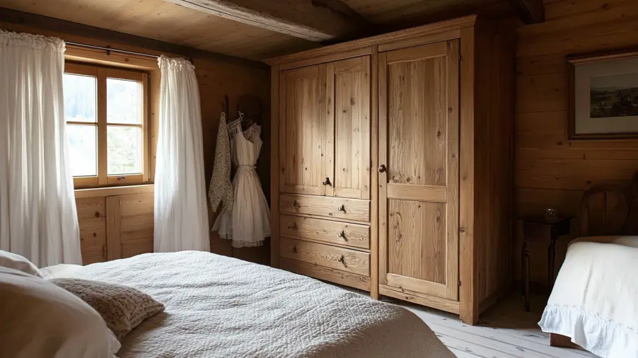 A traditional wooden wardrobe in an elegant bedroom with soft lighting and neutral decor.