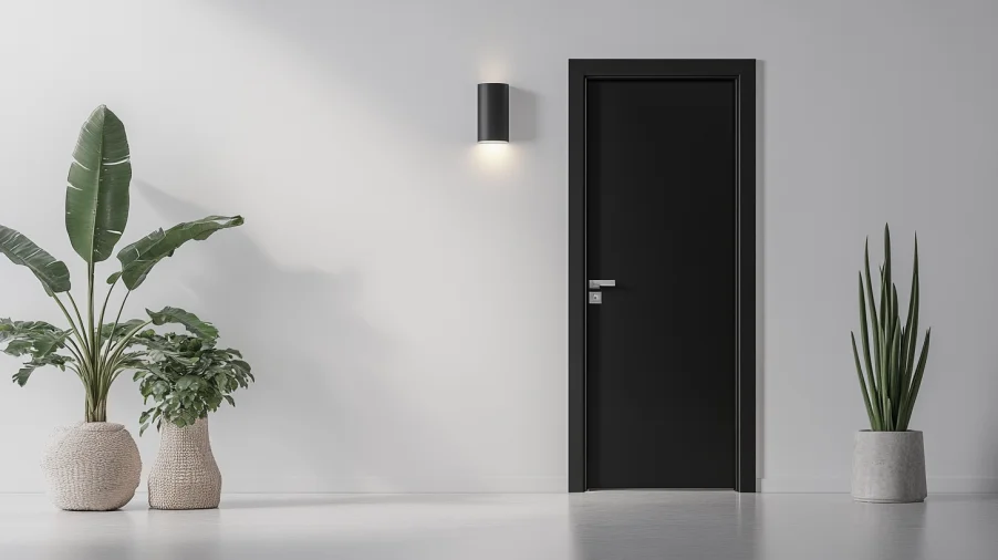 A black interior door against crisp white walls, creating a high-contrast and minimalist look.