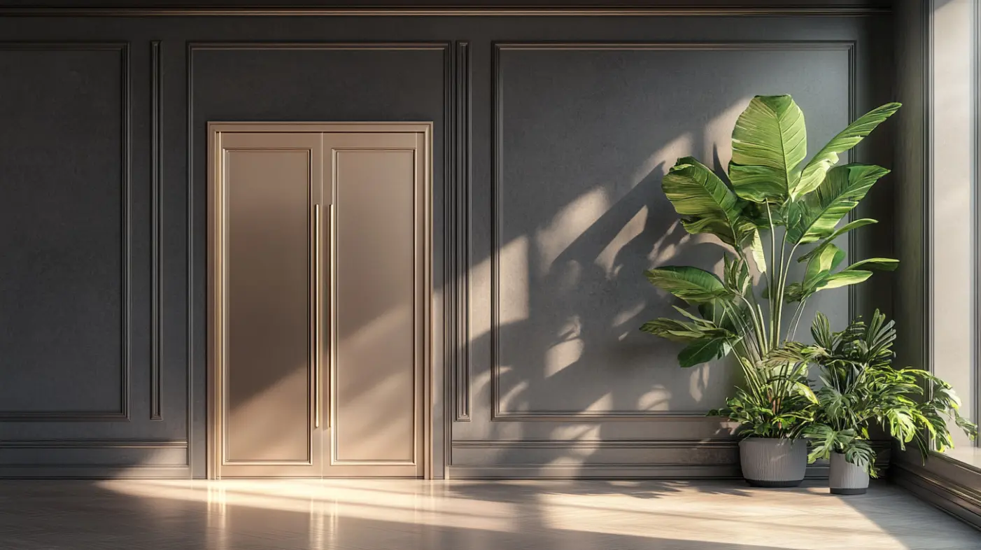 Modern interior with a tinted glass door, providing a creative accent and soft light filtering.