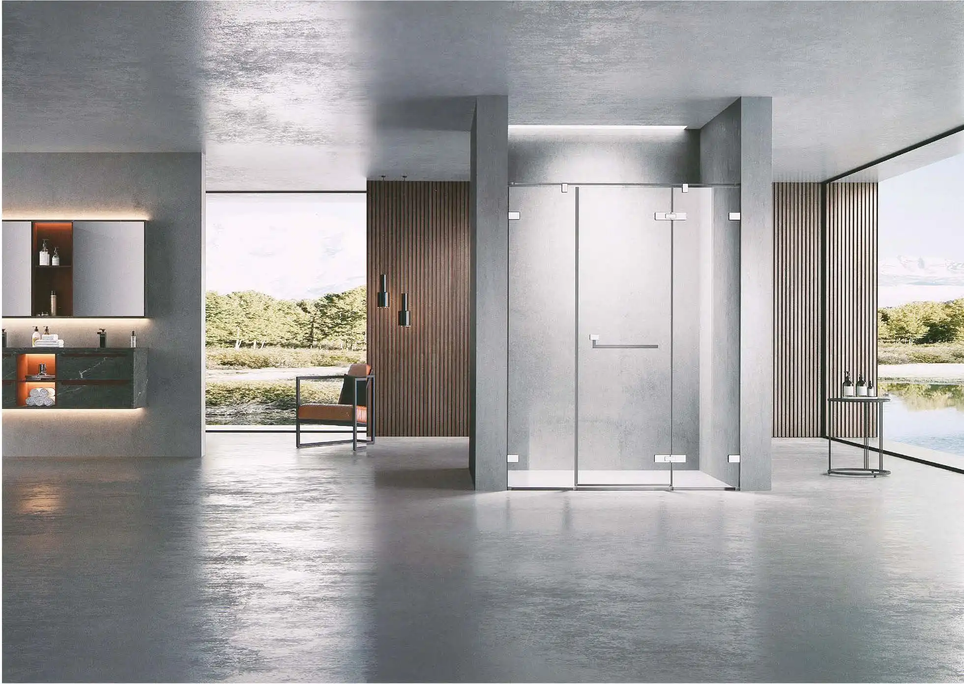 Sleek modern glass shower enclosure in a stylish bathroom with minimalistic decor