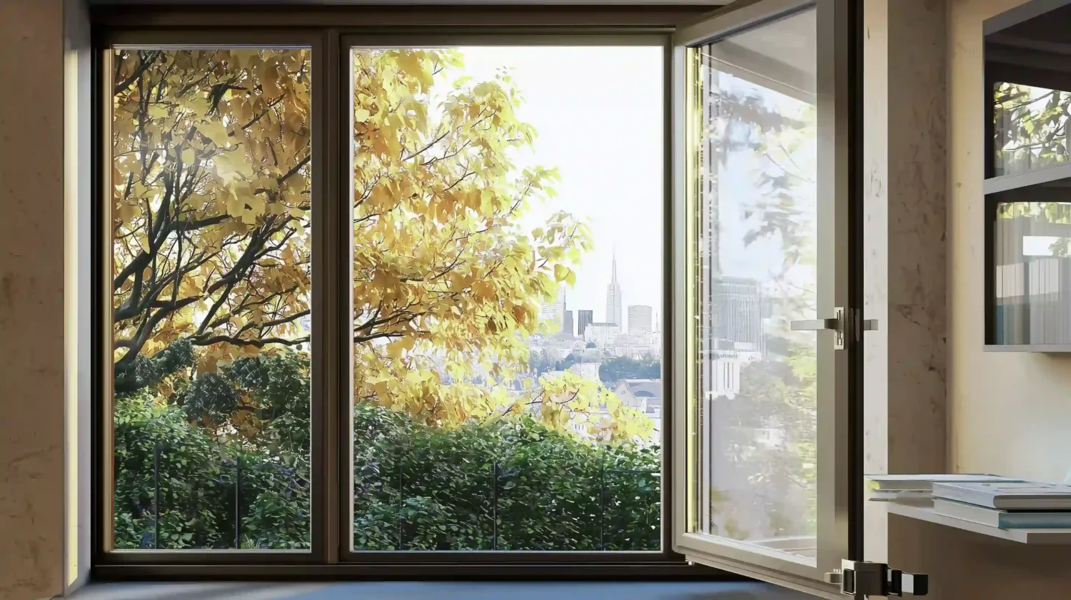 Bright farmhouse dining room featuring three large aluminum windows overlooking a green garden with natural sunlight