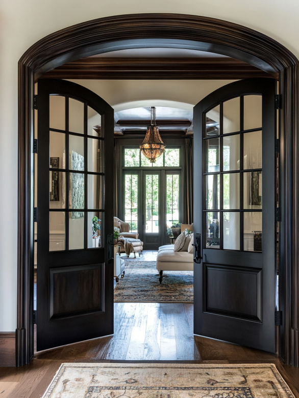 arched french doors leading to classic sitting room with natural light