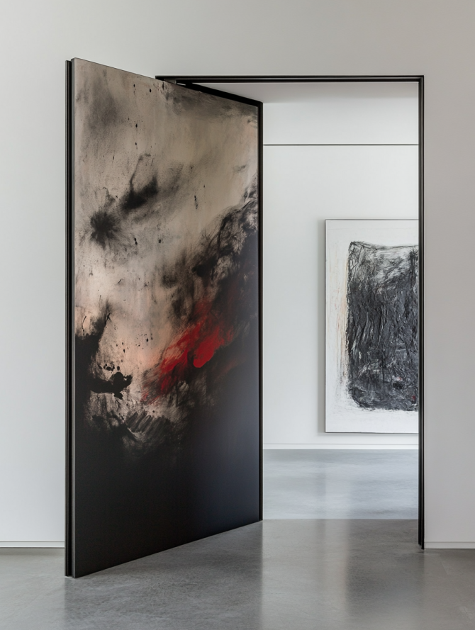 An invisible door seamlessly integrated into the wall, covered with matching wallpaper for a cohesive look.